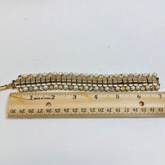 Vintage Coro Aurora Borealis Bracelet Rhinestone Faux Pearl Link Gold Flawed - Picture 6 of 9